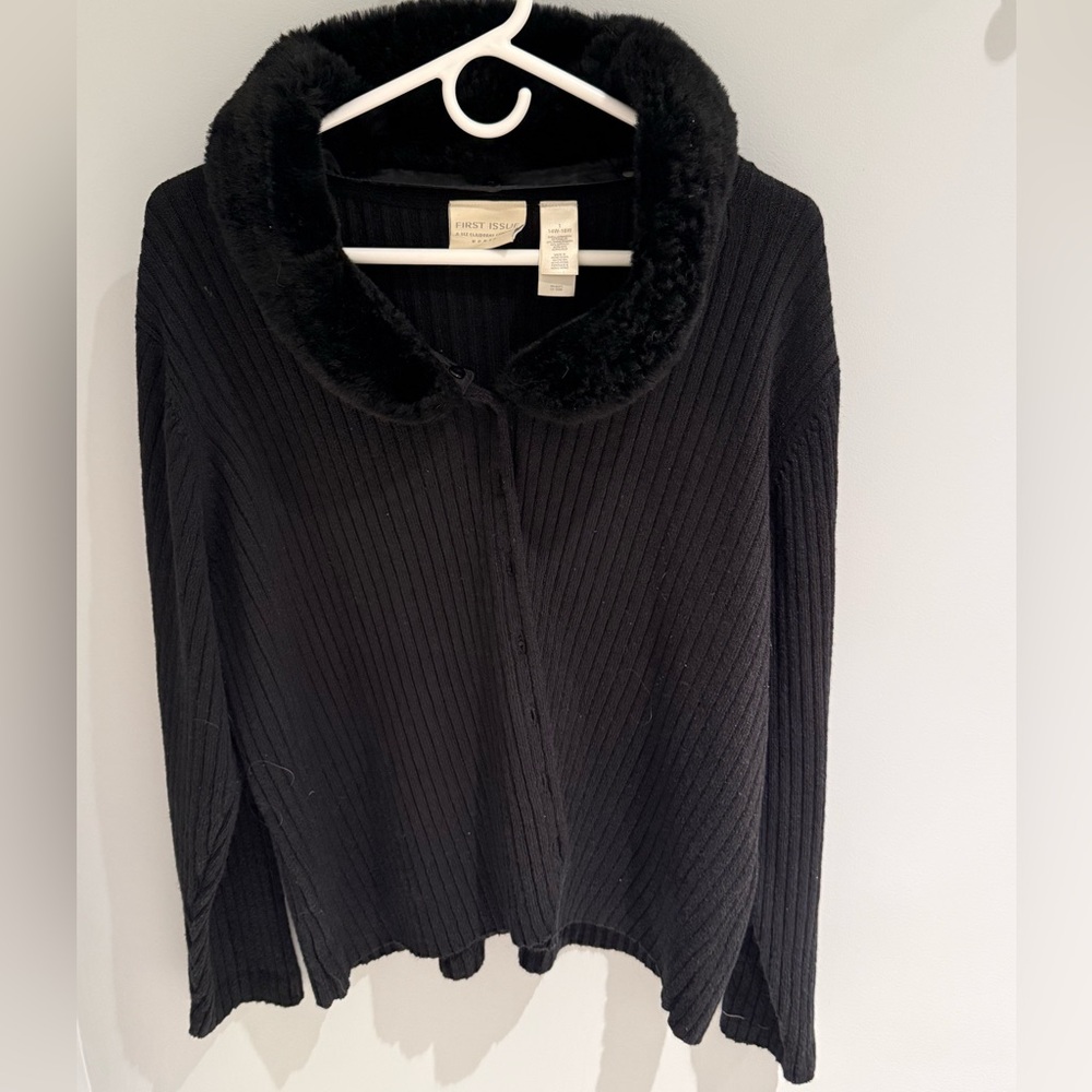 Liz Claiborne Black Ribbed Cardigan with Faux Fur Collar